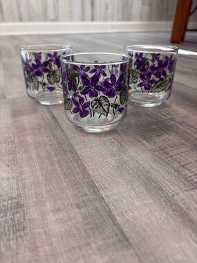 Set of 3 Libbey Purple Violet Patterned Juice Glasses